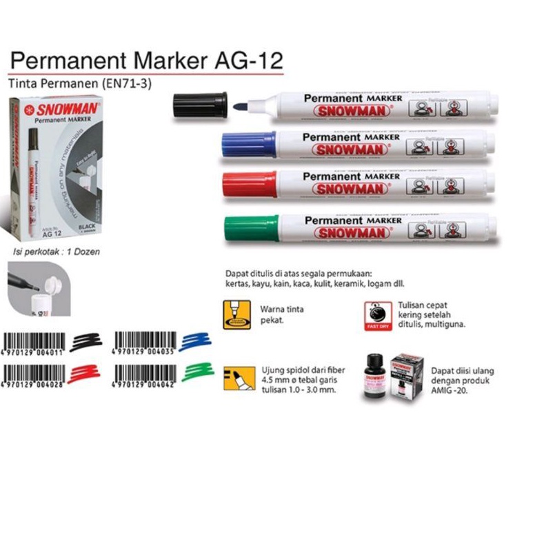 

Spidol Permanent Marker Snowman AG 12 1pak12pcs KODE Y1L4