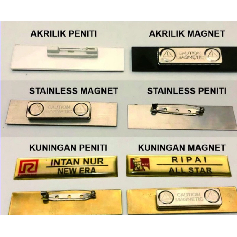 

name tag nama dada akrilik / stainless / kuningan custom