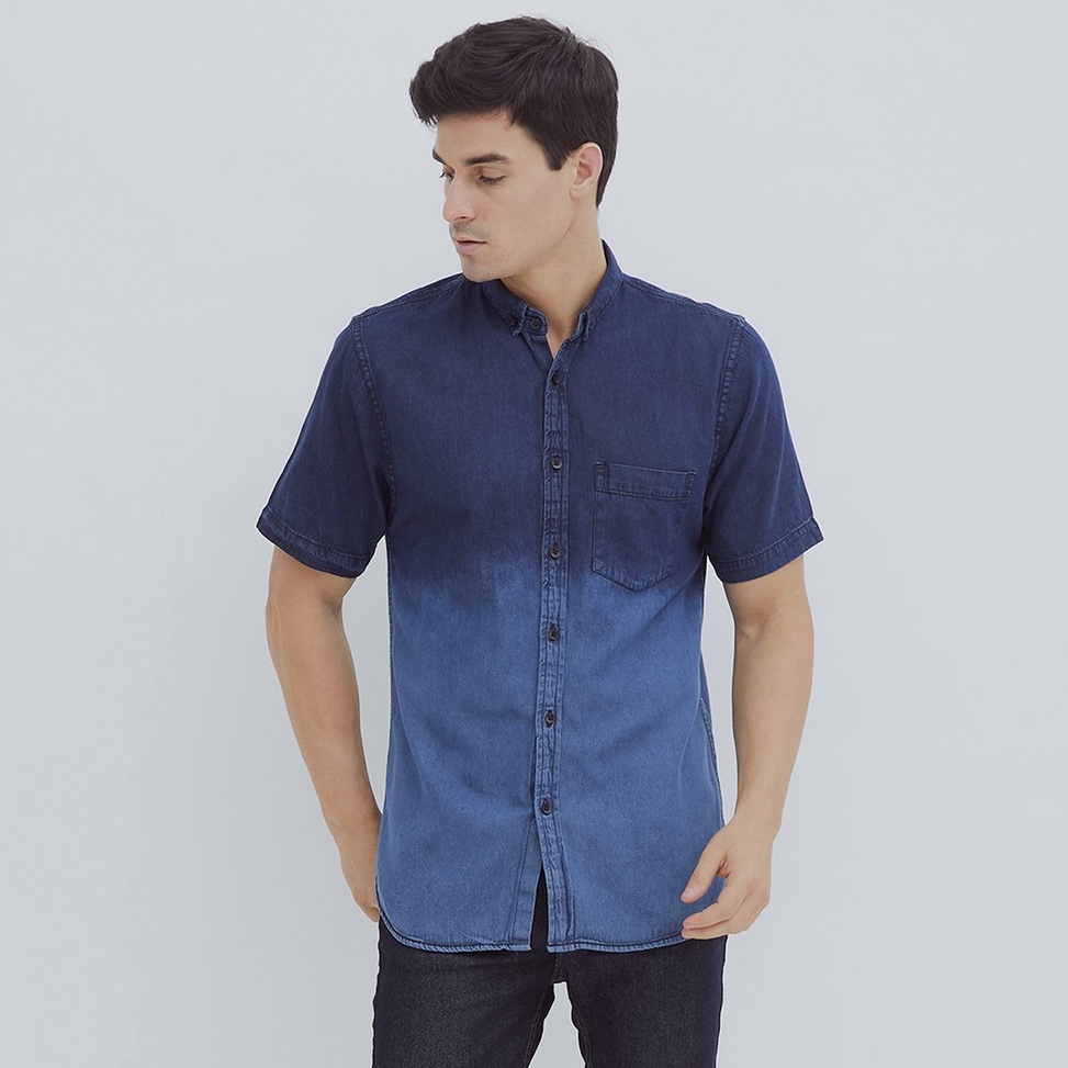 KODE A43R HILLBOSS Kemeja Jeans Lengan Pendek Pria Biru Jamie  Casual Denim Shirt Two Tone Medium Bl