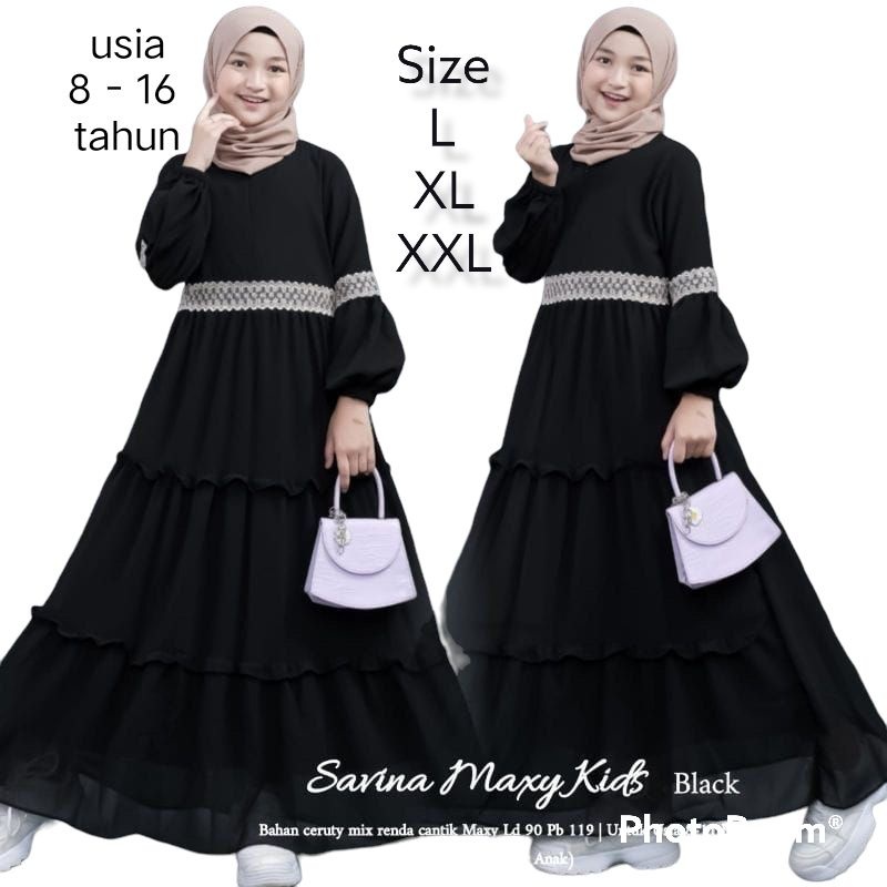 SAVINA Dress baju Gamis Anak dan tanggung usia 8-17 tahun bahan ceruty bebidol mix renda full puring