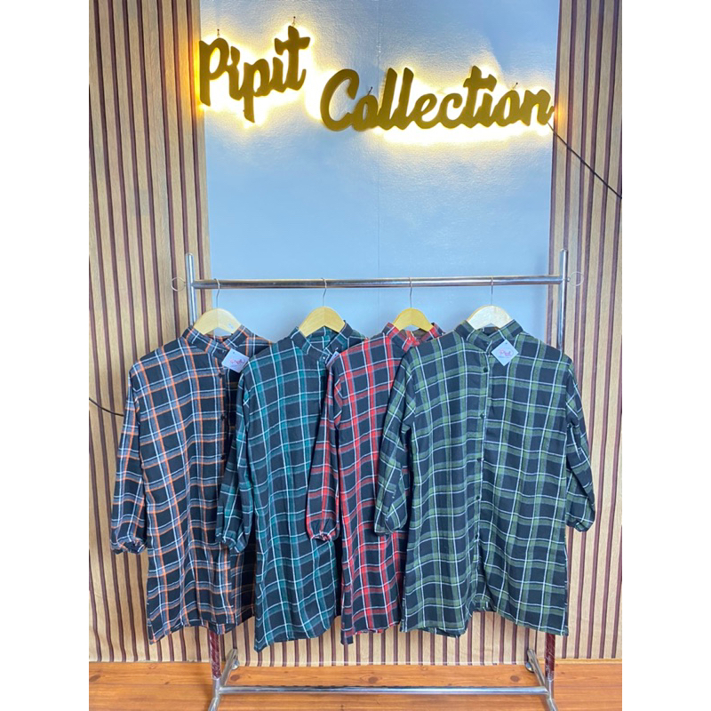 tunik flanel polos lengan balon baju panjang wanita muslim motif kotak flanel