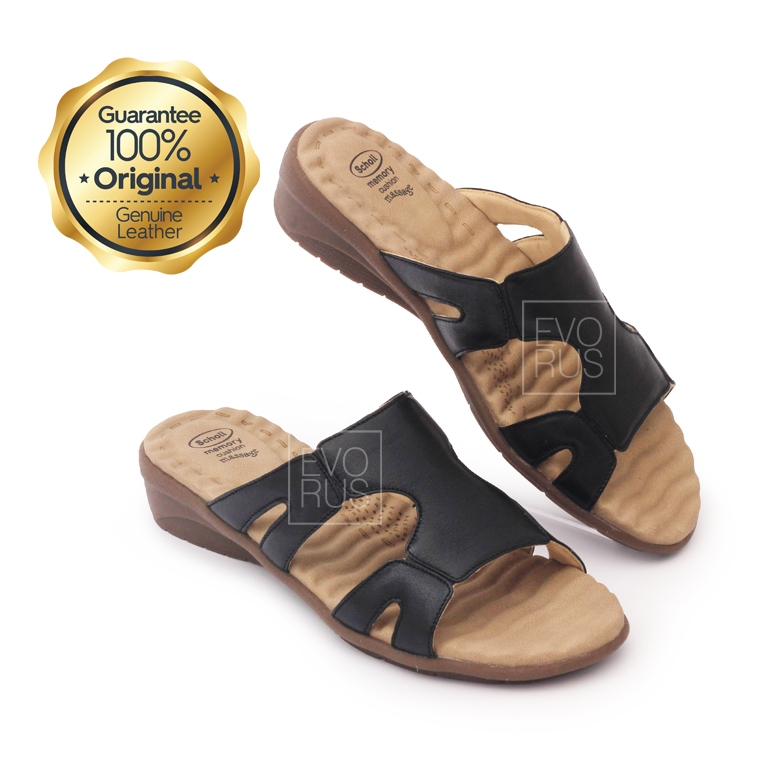 Sandal Scholl Memory Cushion Elio Black Women Flat Sandal Genuine Leather Kulit Asli - ORIGINAL