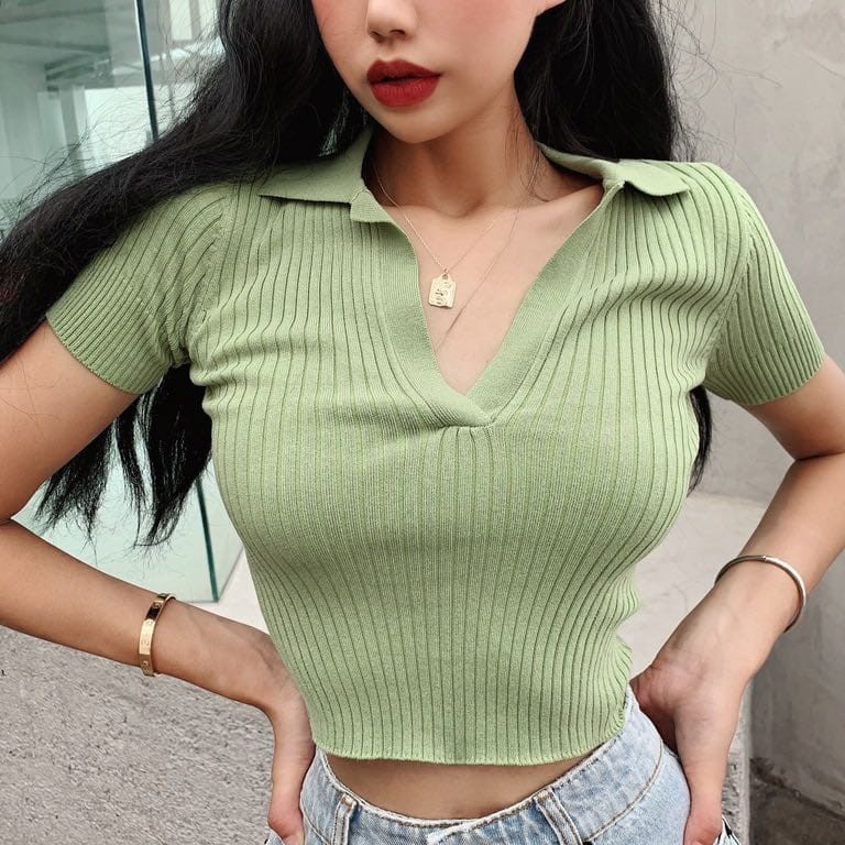 KODE A63V COD  atasan crop top rajut  kaos kerah polo wanita  crop kerah lengan pendek  crop lengan 