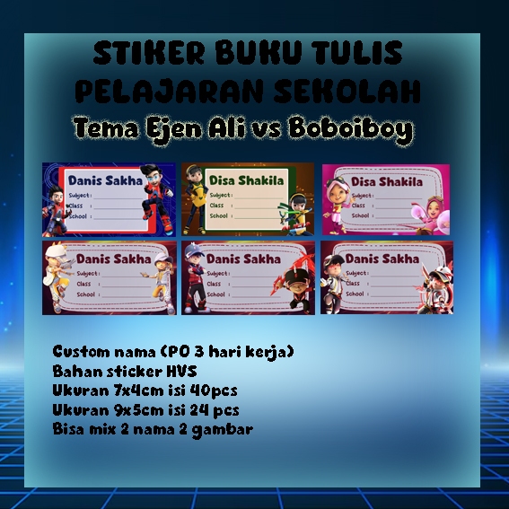 

Stiker Label Buku Tulis Pelajaran Custom Nama/Tema Ejen Ali, Boboiboy