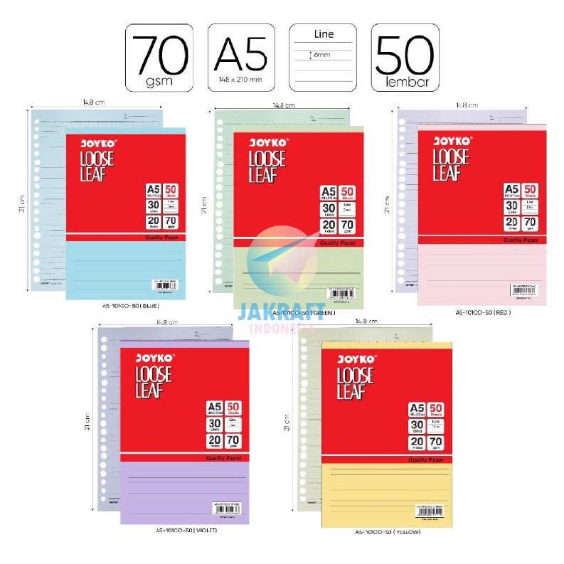 

NEW PROMO 5 Lembar Kertas Binder Note JOYKO Loose Leaf A5 Warna Pastel Lengkap 7 Gsm 2 Lubang
