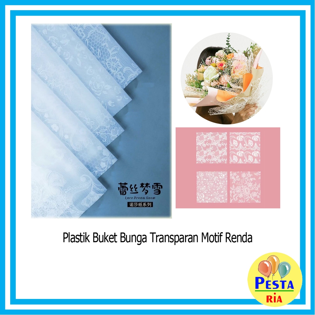 

Murah!! (5Lembar) Plastik Buket Bunga Transparant Motif Renda, Cellophane Wrapping, Flower Wrapping Paper, kertas buket, kertas Cellophane