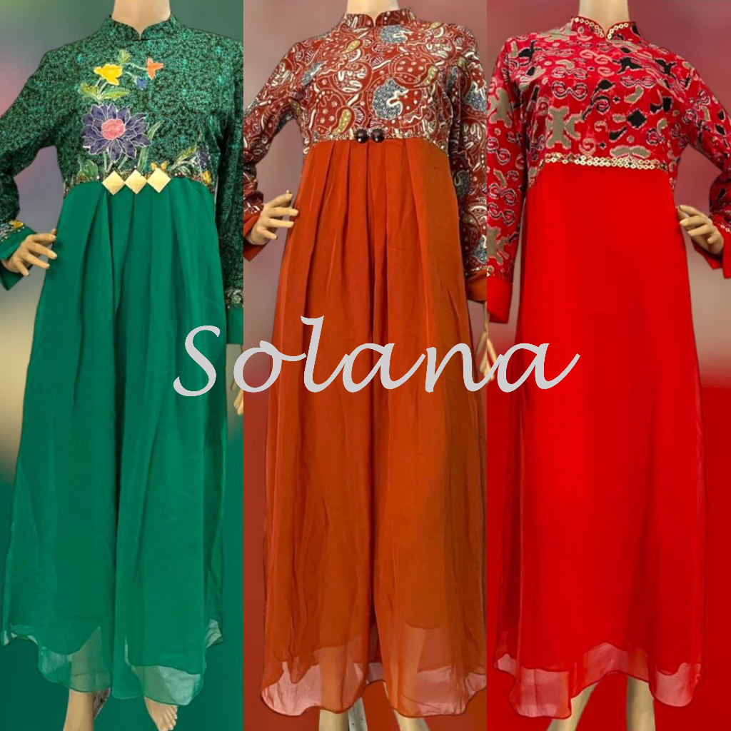 Solana 754801 Gamis Wanita Batik Printing Katun Kombinasi Polos Sifon Hyget Paris - M L XL
