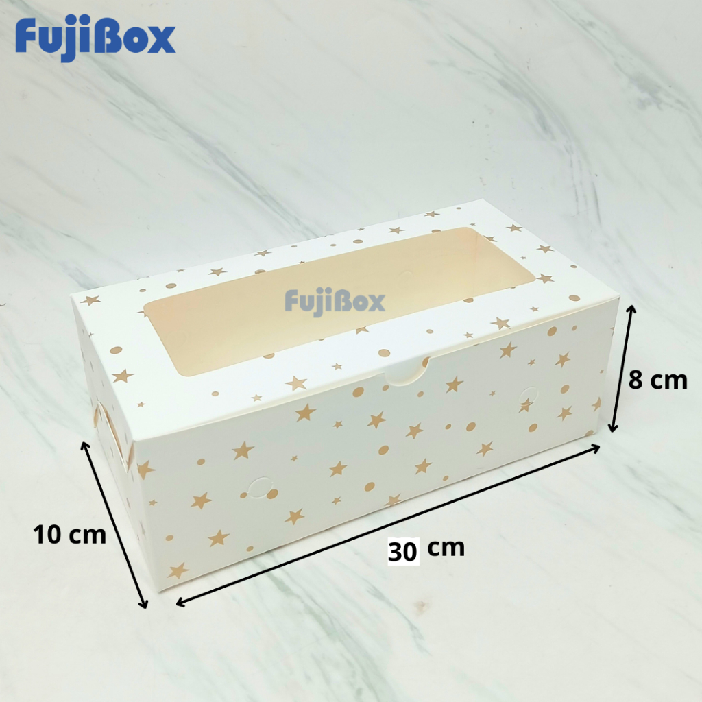 

(10 Pcs) Fuji Box Dus Kotak Kue Ivory Motif Polkadot Bintang Emas 10 cm x 30 cm x 8 cm Putih Ivory Premium Jendela