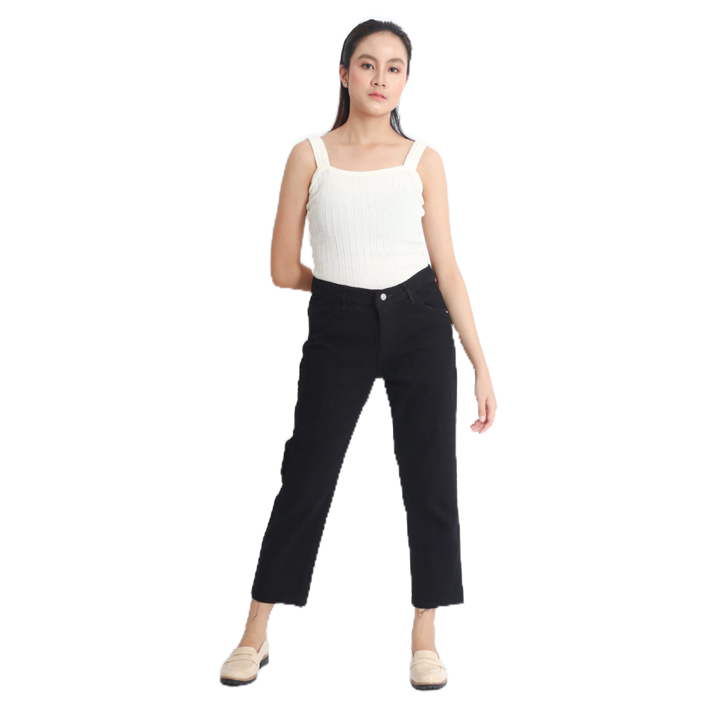 QYUJINS - BLACK UNFINISHED BOYFRIEND JEANS / HITAM BOYFRIEND JEANS / CELANA BIGSIZE HW WANITA CEWEK