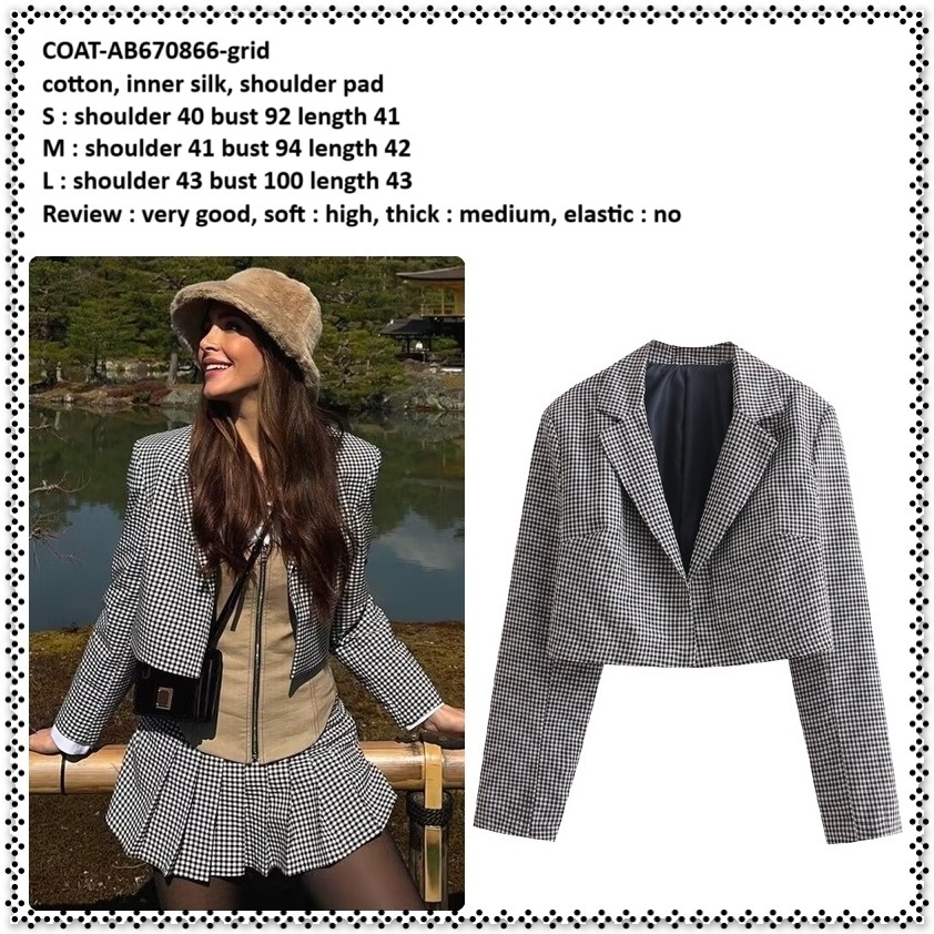 AB670866 Crop Blazer Blezer Kotak Hitam Putih Cardigan Wanita Korea Import
