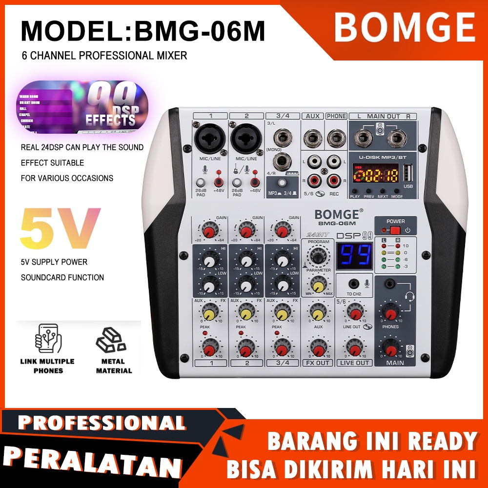 BOMGE Professional  DJ Audio Mixer - 6 Channel Bluetooth Controller Sound Mixer, USB Audio Interface