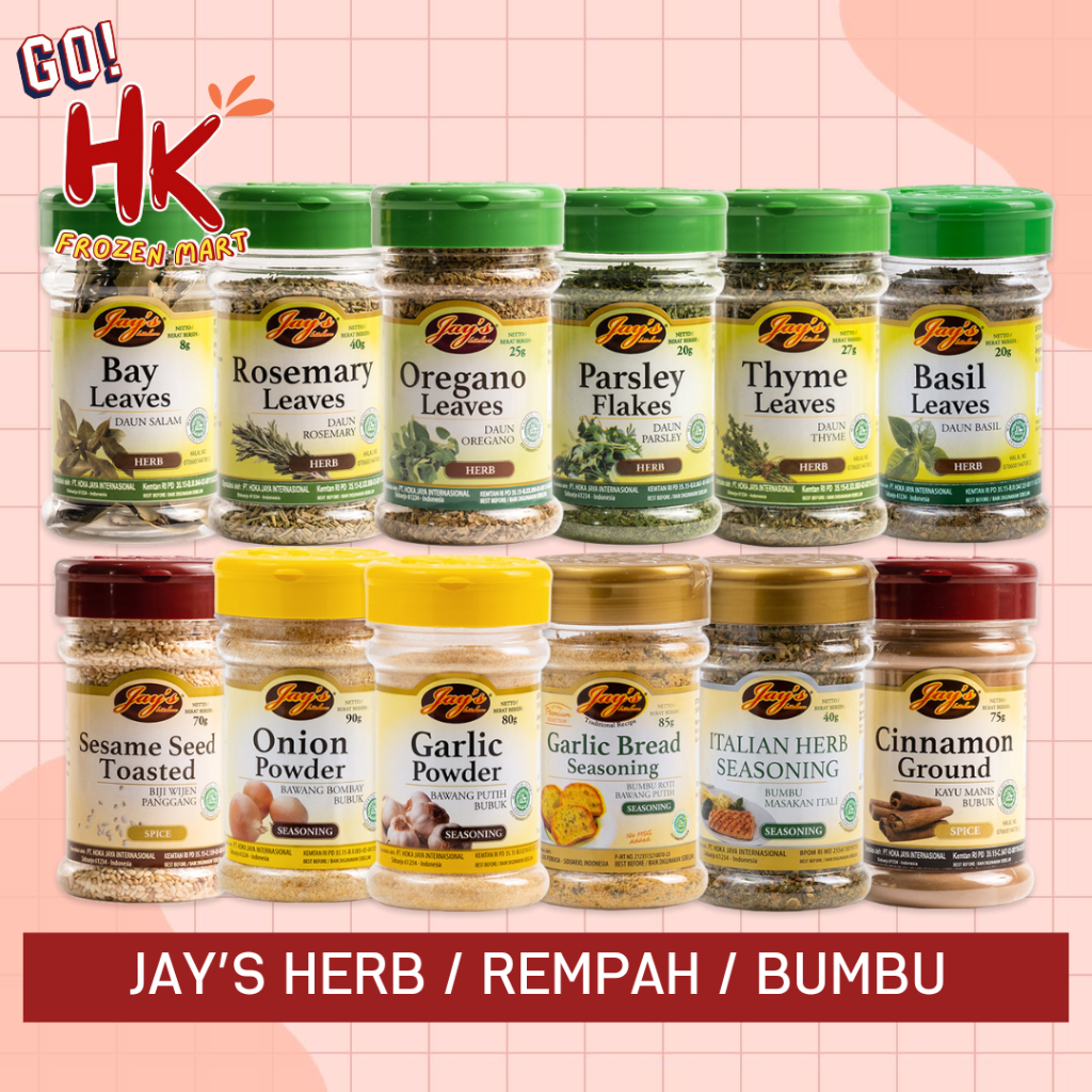 

n SalaJay's Bumbu Rempah Herbs Oregano Basil Parsley Thyme Rosemary Bay Leaves Daum Biji Wijen Panggang / Sesame seeds toasted / Onion Bawang Putih Bubuk Garlic Powder Garlic Bread Italian Herb Seasoning Cinnamon Ground Bubuk Kayu Manis HK FROZEN MART