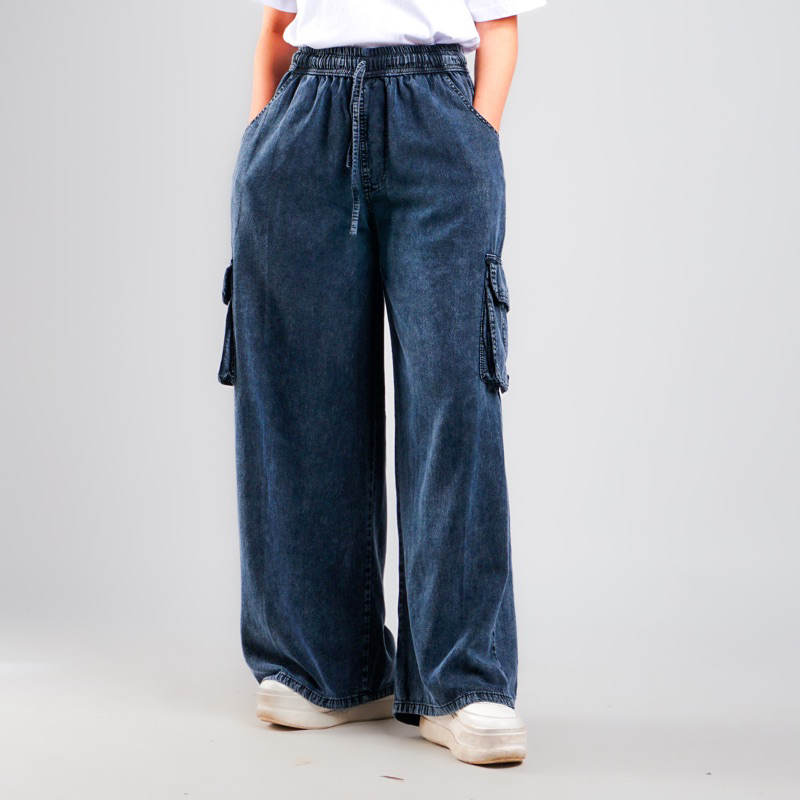 DISA Pants Celana Cargo Jeans Wanita Jumbo Clana Kulot Highwaist Panjang Fit XXL Pinggang Karet Deni