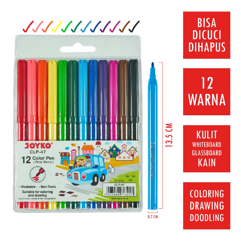 

SENSASIONAL 12 Pcs Spidol Bisa Dicuci Dihapus Set 12 Warna JOYKO CLP47 Washable Color Pen Marker Serbaguna