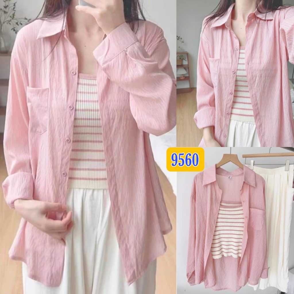 Kemeja 2in1 Polos Warna 9560 / Atasan Wanita Kemeja Fashion Kekinian / Baju Lengan Panjang Korea
