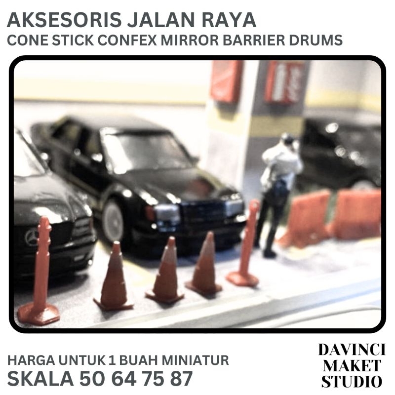 (64) Miniatur Aksesoris Jalan Raya Corong Stick Parkir Cermin Convex Rambu Palang Pembatas - Cone Mi