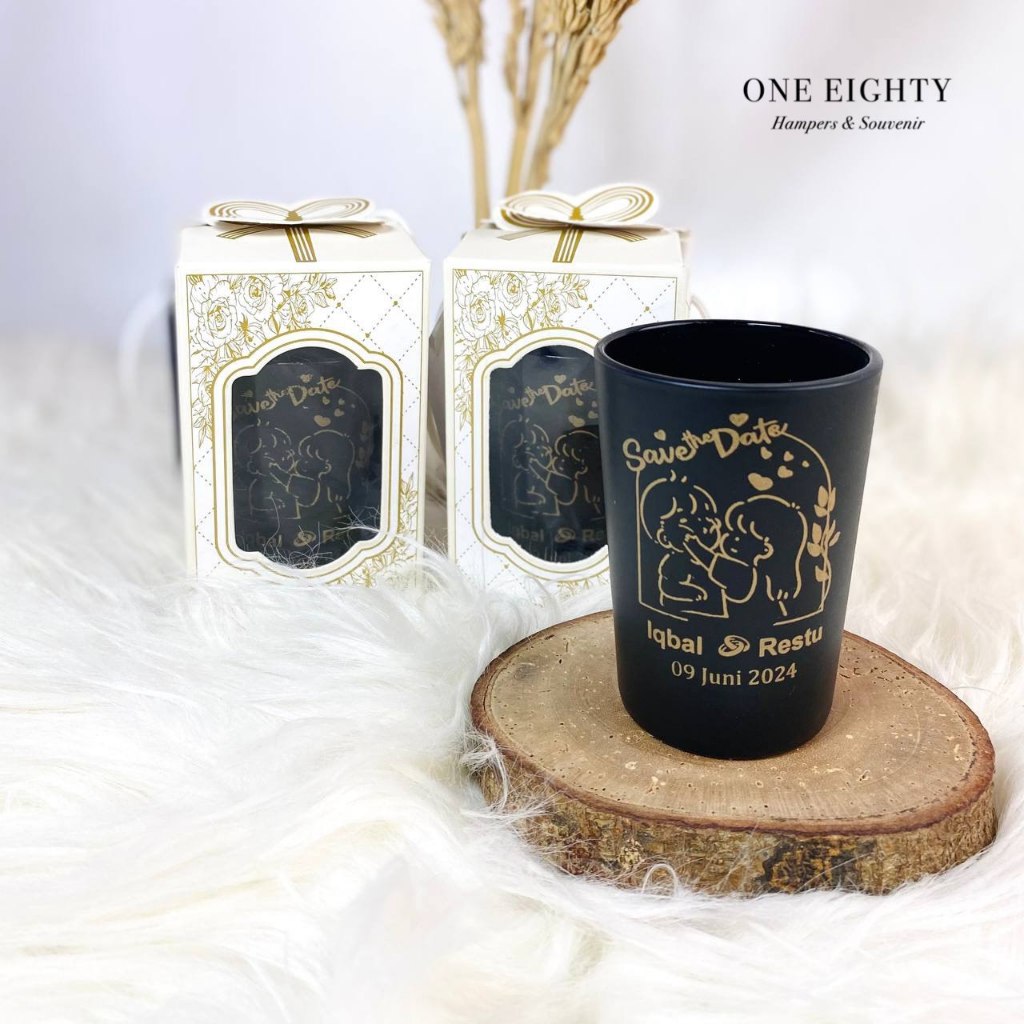 Souvenir Gelas Kaca Doff/Glossy Hitam Sablon Emas Souvenir Pernikahan Wedding Kemas Box Thanks Card