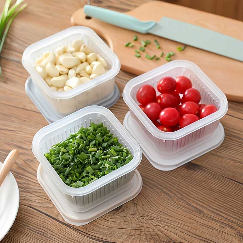 Toples Bulat / Kotak Kontainer /  Box Plastik Kulkas Dengan Tirisan Saringan Bawang Sayur Transparan