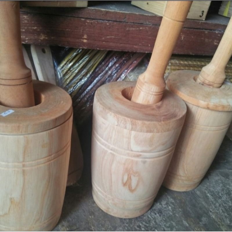 Lumpang kayu tumbuk bumbu & rujak pakai tutup ukuran besar
