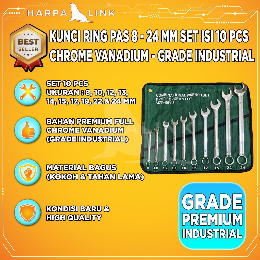 Kunci Ring Pas Set Pas 8-24mm Set 10 PCS Kunci Ring Pas Set Tools Set Kunci Ring Pas 8-24mm Alat Per