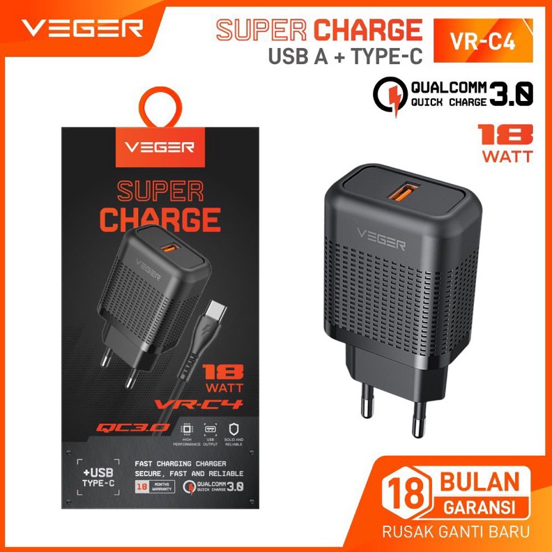 KODE W85T Charger VEGER VRC4 Qualcomm QUICK CHARGE 3 support fast charging ORIGINAL with cable micro