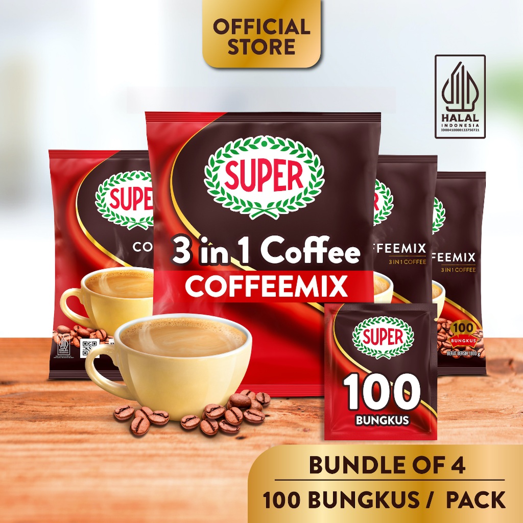 

(Bundle of 4) SUPER Coffeemix 3in1 Instant Coffee, 100 Sachets [HALAL]