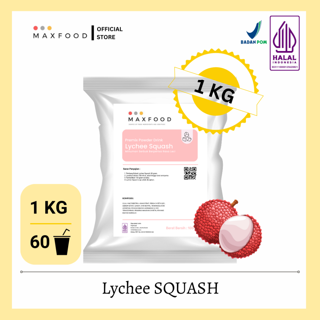

MAXFOOD - Lychee Squash Powder / Bubuk Minuman Squash Rasa Leci 1 Kg