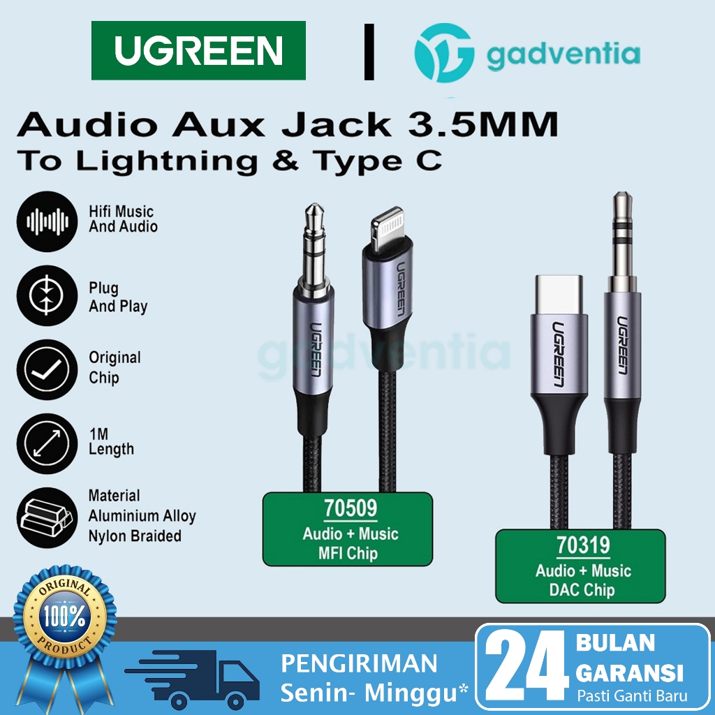 Ugreen Kabel AUX Audio iPhone Untuk Iphone MFI Converter Lightning To DC AUX JACK 3.5Mm Headphone Sp