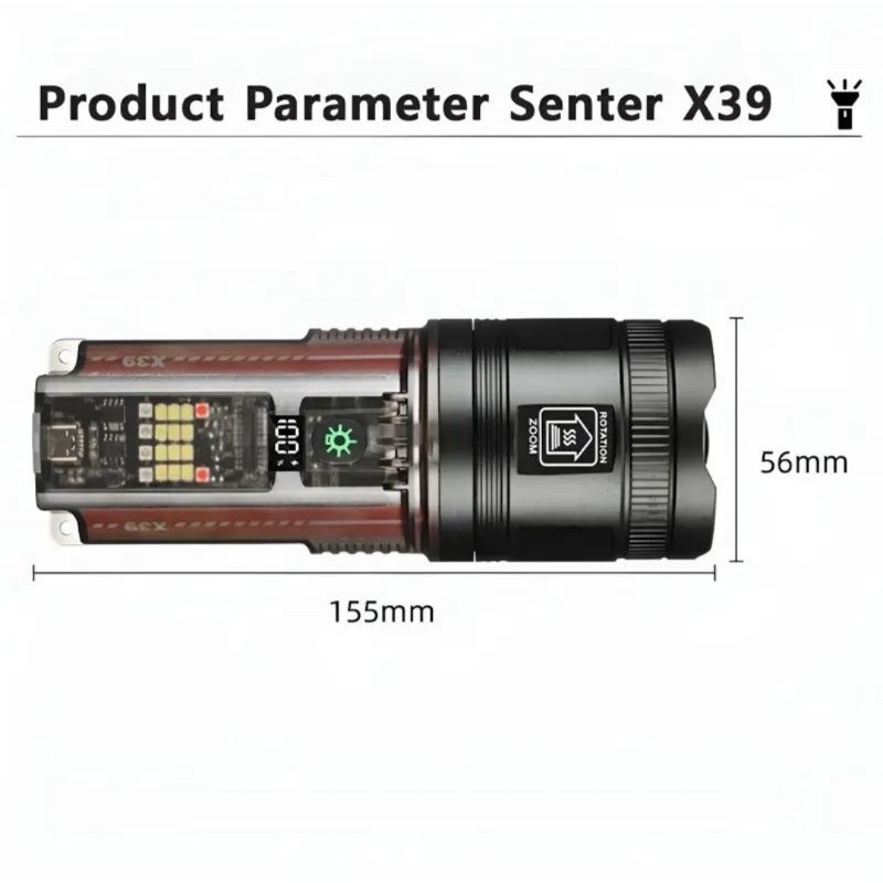 SENTER LED X39 - SUPER TERANG  - RECHARGEABLE - SOLAR PANEL