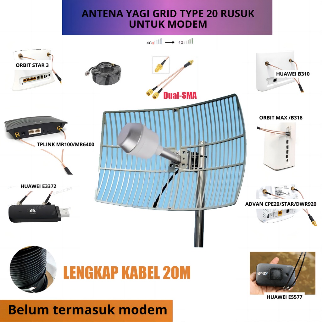 21DBi ANTENA YAGI GRID 20M UNTUK PENGUAT MODEM/MIFI ANTENA 4G 3G/ANTENA PIGTAIL GANDA (BEBAS PILIH) 