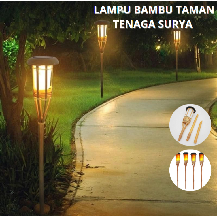 Lampu Taman Tenaga Surya Model Bambu / Solar Flame Light Lampu Tancap Taman Lampu Kayu