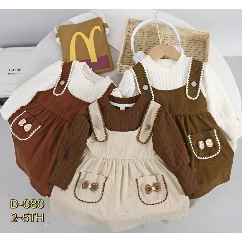 Dress Anak Perempuan Usia 1-4 Tahun | Baju Dress Corduroy Model 2in1 Baju Dalaman Polos Lengan Panja
