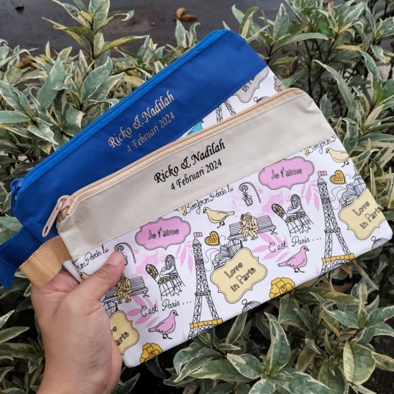 50 DOMPET POUCH SATIN PARIS BESAR CUSTOM NAMA KEMAS PLASTIK SOUVENIR MURAH