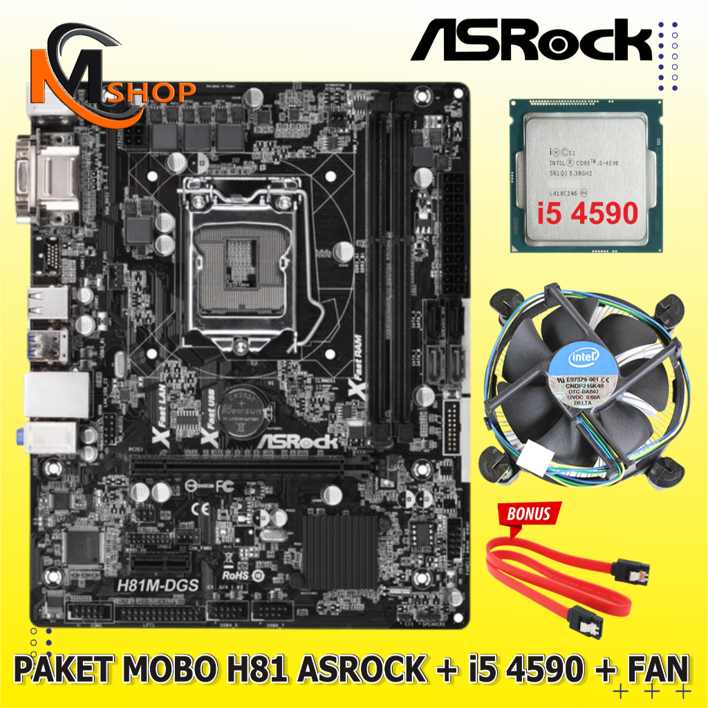 Paket Motherboard Mainboard Intel H81 LGA 1150 DDR3 + Processor Core i5 4590 + Fan