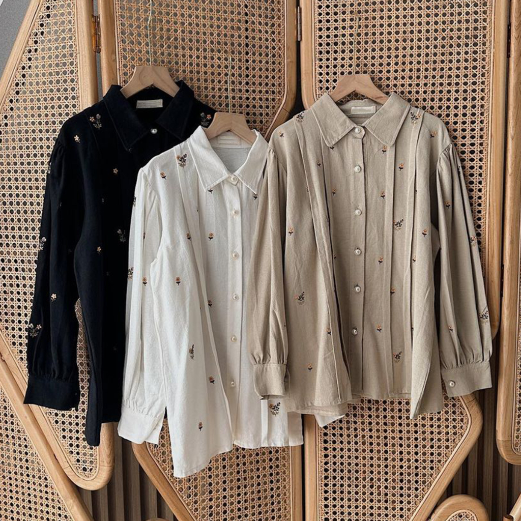 Konveksibandung - FLOWER Kemeja Linen Wanita Lengan Panjang Korean Style Casual Motif Bunga Bordir