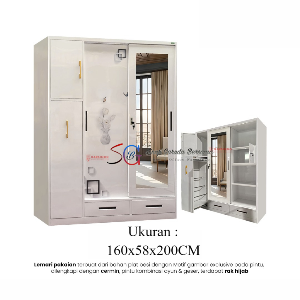LEMARI PAKAIAN 3 PINTU + RAK JILBAB / HIJAB BAHAN PLAT BESI PINTU SLIDING + SWING+ 2 LACI / LEMARI B
