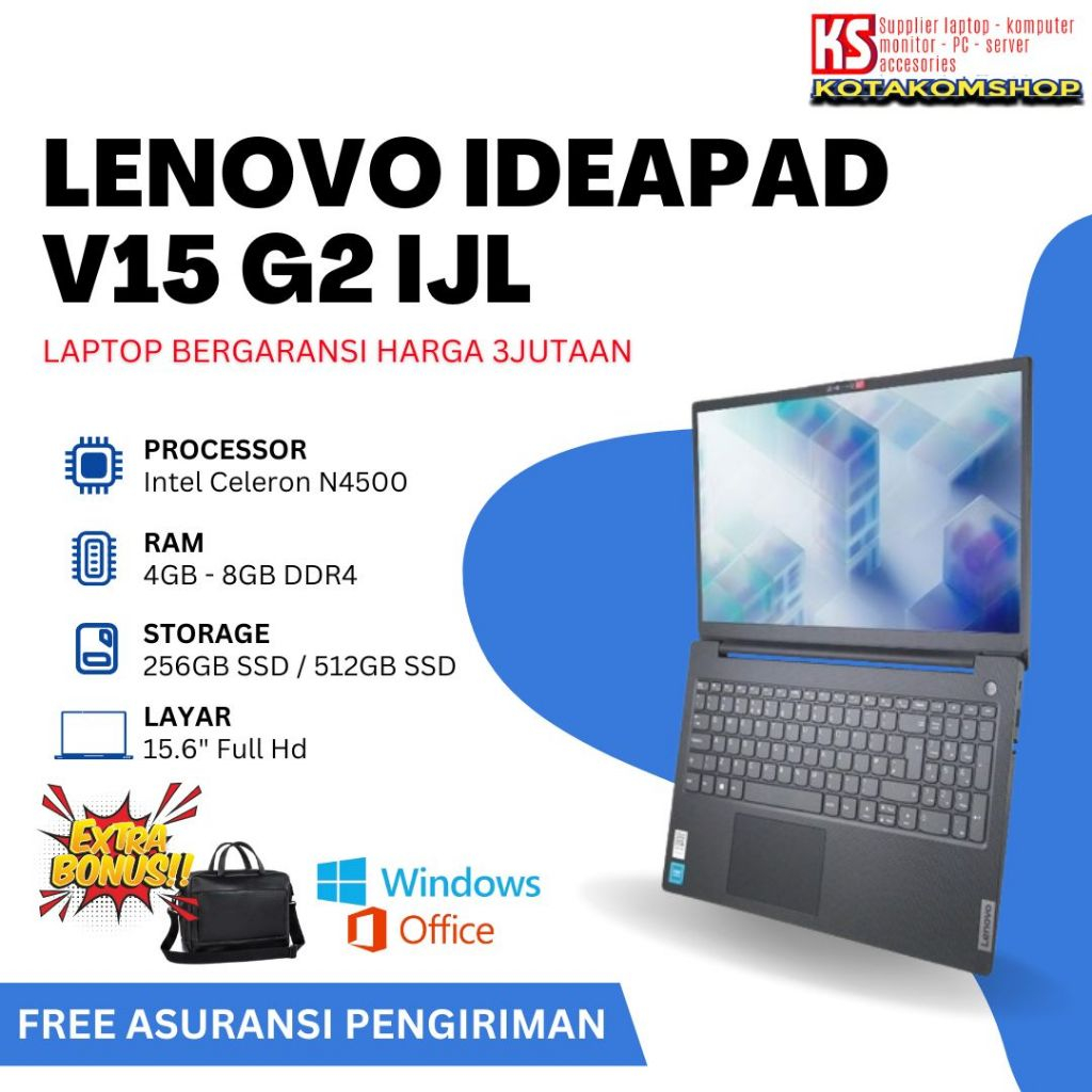 Laptop baru 3 Jutaan Lenovo Ideapad 1 V15 G2 IJL Intel N4020 Ram 8GB Ssd 256Gb / Ssd 512Gb 15.6" Ful