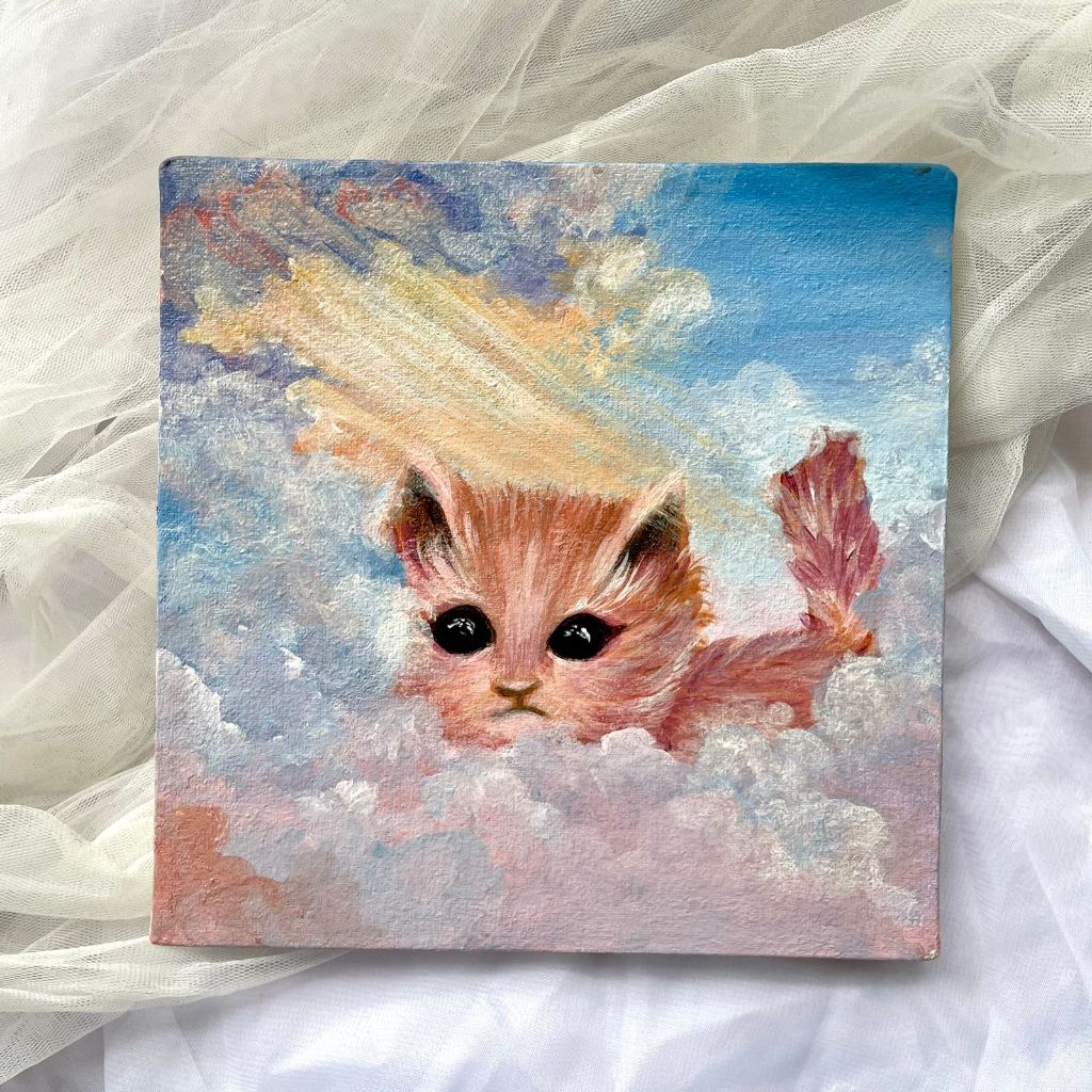 Lukisan kucing aesthetic | Canvas Panel | painting acrylic pastel kucing di awan aesthetic