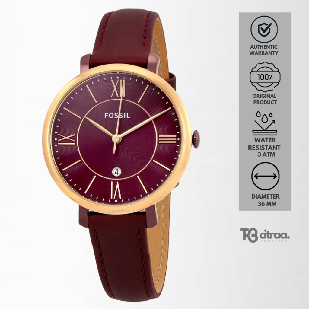 jam tangan fashion wanita Fossil ladies Jacqueline analog strap kulit cewek Matching Dial Wine Leath