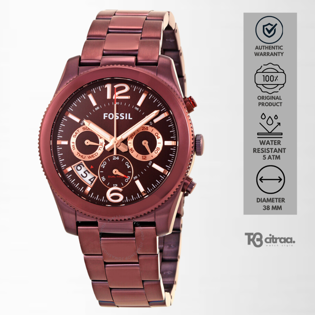 jam tangan fashion wanita Fossil Ladies Perfect Boyfriend analog rantai chronograph Wine Dial Stainl