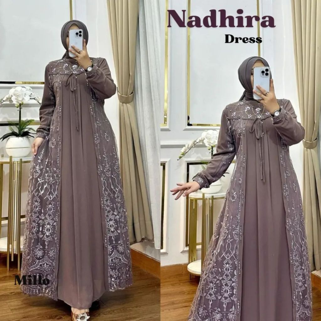 Nadhira Dress Wanita Terbaru Matt Ceruty Babydoll Mix Brukat Aplikasi Mutiara + Swarovski AC