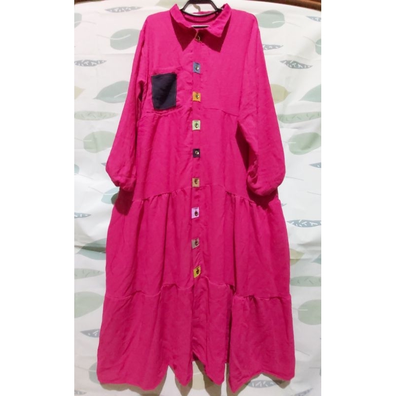 Tunik midi dress fuchsia bahan  cringkle
