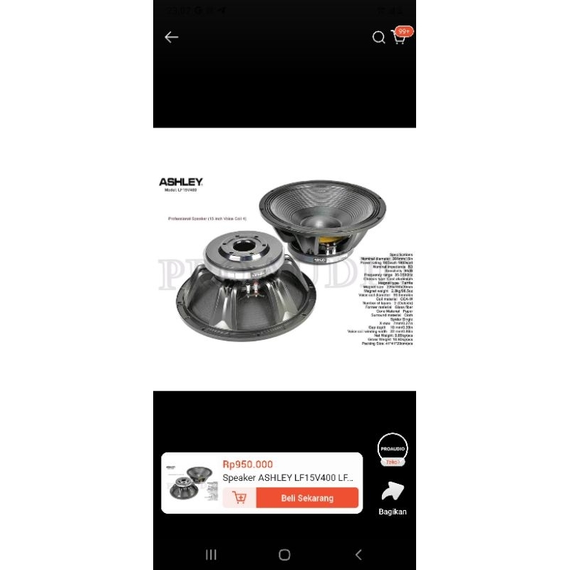 Speaker ASHLEY LF15V400 LF15 V400 LF 15V400 15 Inch 1800 WATT Coil 4 Inch Komponen Speaker 15 Inch A