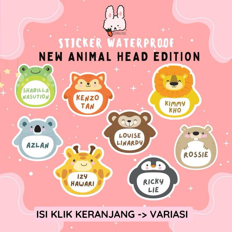

stiker nama anak/ new head animal edition / stiker waterproof