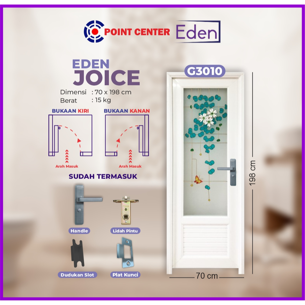 TERBAIK PINTU KAMAR MANDI UPVC EDEN JOICE 3/4 KACA MOTIF TIPE G3010
