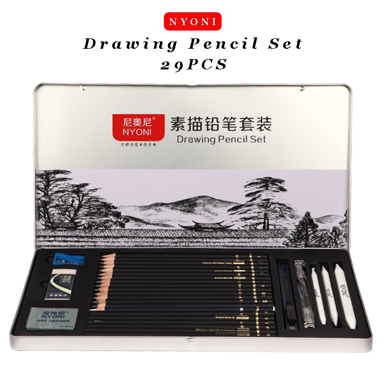 

KODE A5E Nyoni Drawing Pencil Gambar Set 29PCS Drawing Sketch Pencil Set Tin Box Pensil Gambar