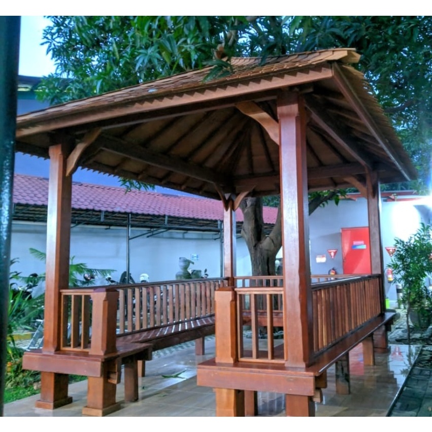 Gazebo Model Bangku Desain Klasik Taman Modern | Pos Ronda Perumahan | Kayu Kelapa Atap Sirap