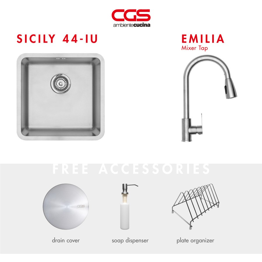 Paket Promo: CGS Sicily 44-U Kitchen Sink + CGS Emilia Mixer Taps - Emilia Chrome