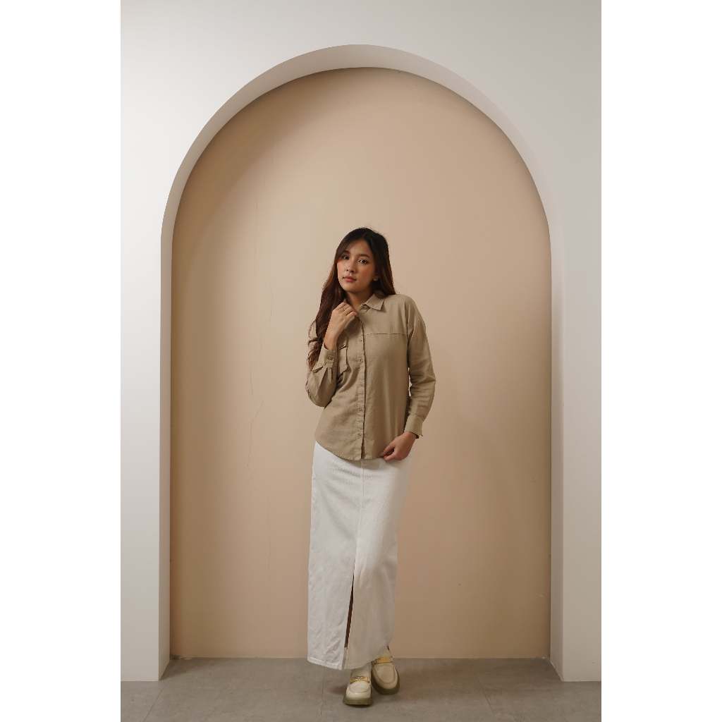 Kemeja Missty Wanita Lengan Panjang Warna Cokelat Variasi Sabuk Serut  (18757)