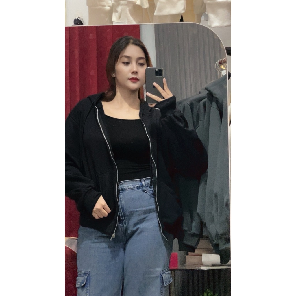 BEST SELLER ZIPPER BOXY OVERSIZE BASIC POLOS LENGAN BALON HOODIE ZIPPER WANITA SWEATER WANITA CROP